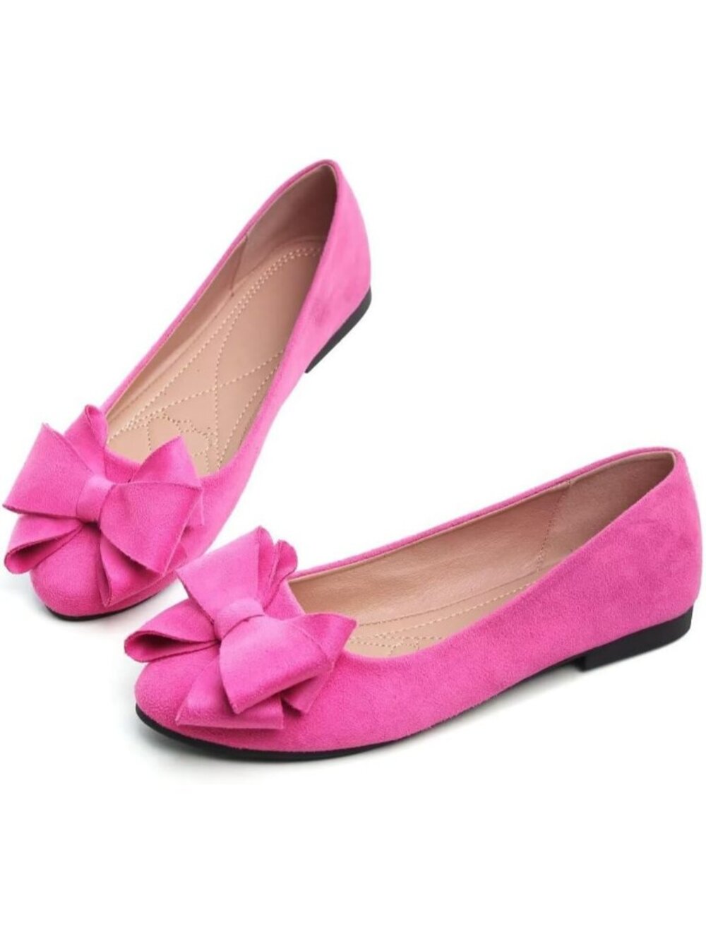 Women's Round Rose Red Suede Fashion Bowknot Flats Comfort Pointed Toe Shoes - Picture 3 of 7